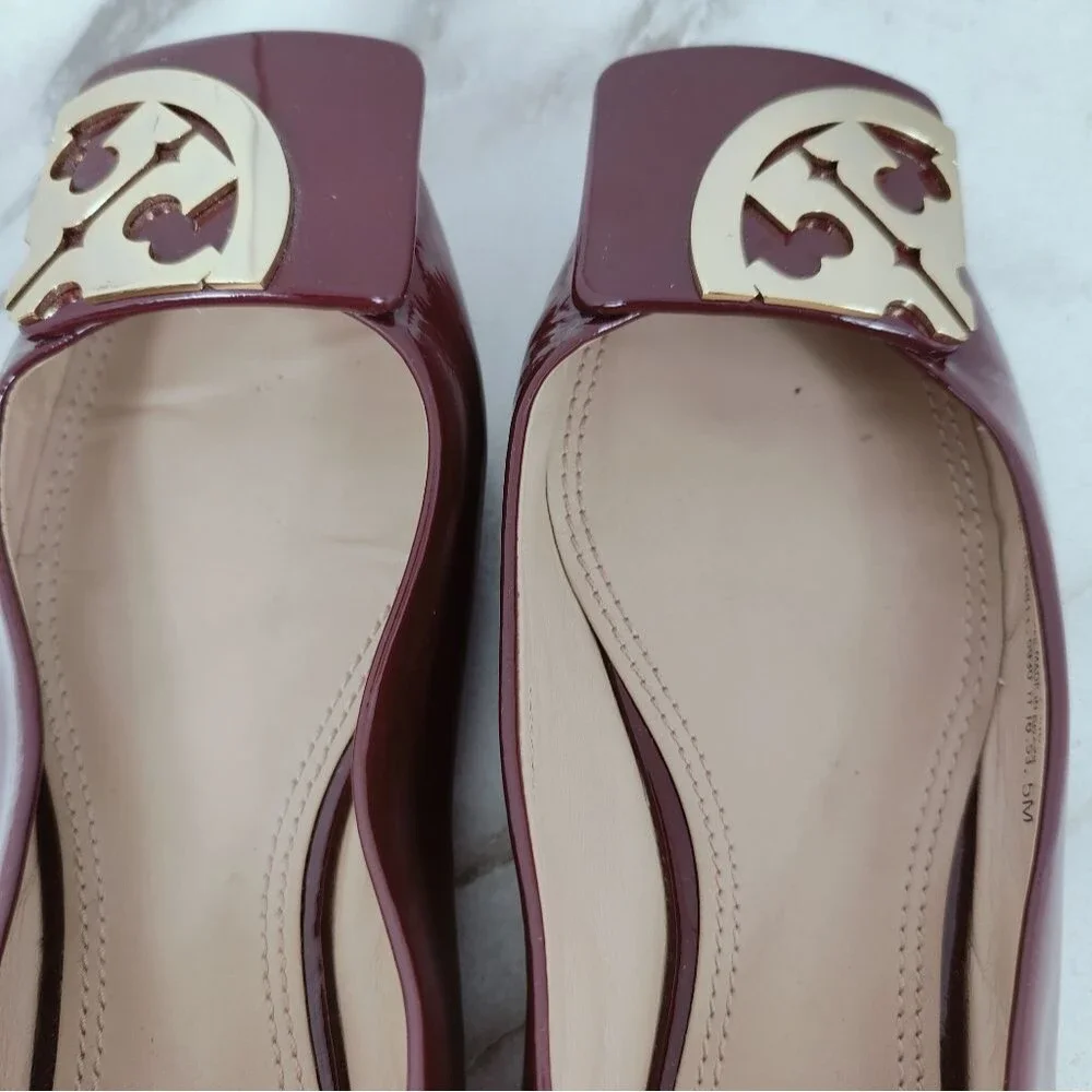 Tory Burch Burgundy Patent Leather Gold Tone Embellished Ballet Flats, Sz 5